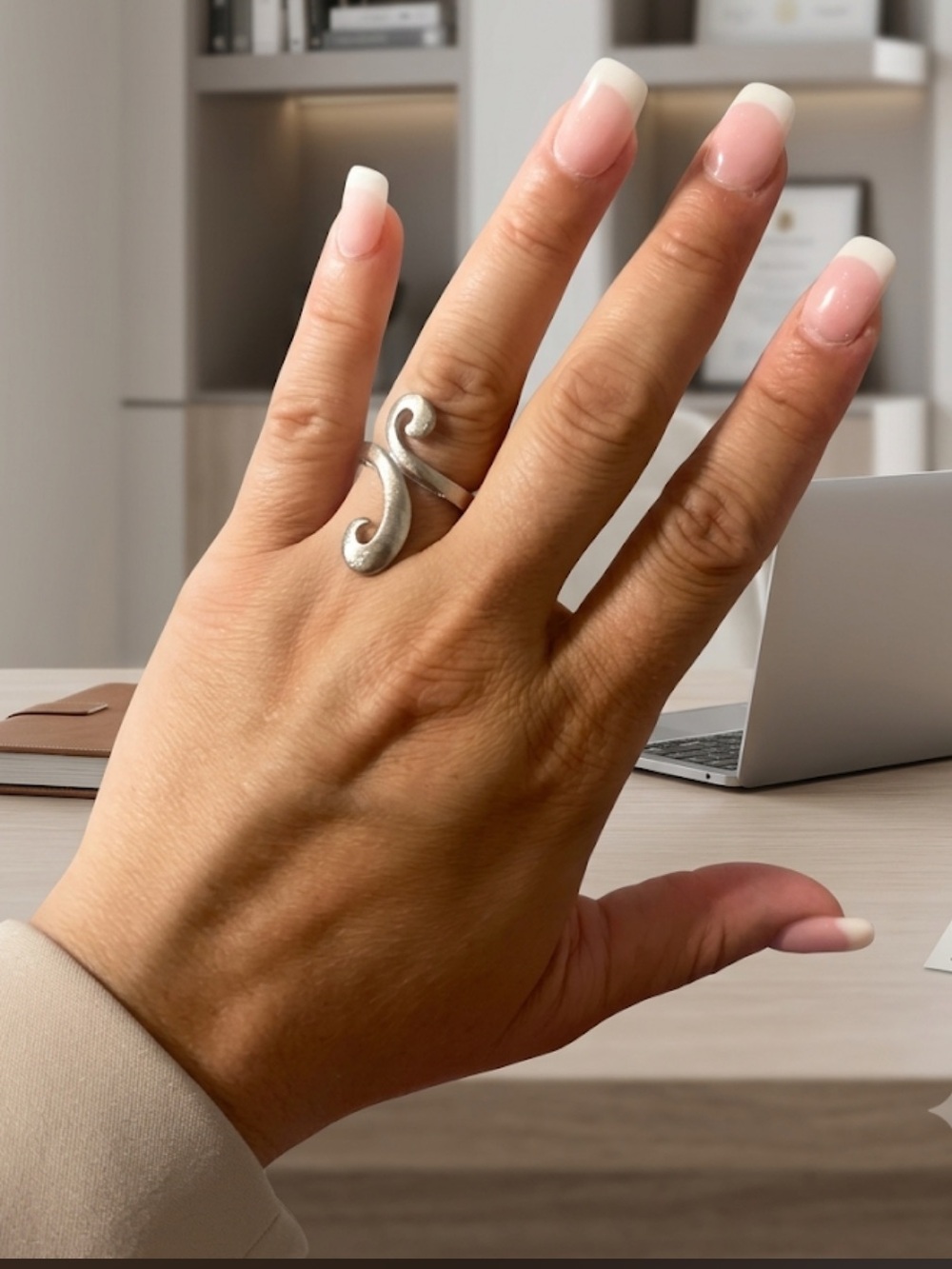 Elegant Sculptural Statement Ring in Brushed Silver Finish